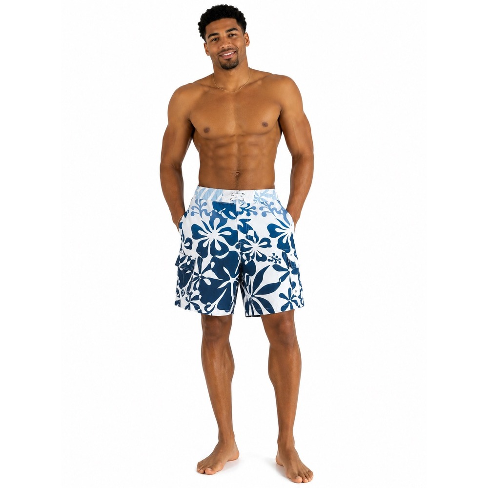 Merona‎ Mens Blue White Hibiscus Floral Board Shorts Swim Trunks Size M Cargo